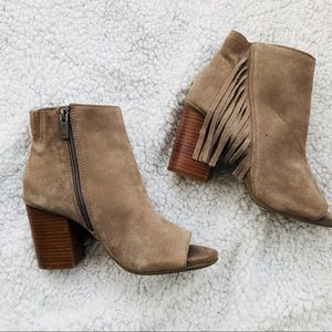 Kenneth Cole Suede Fringe Peep Toe Heeled Boots